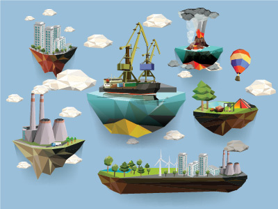 Low Poly Islands In The Sky city ecology factory island landscape polygon port sea set ship volcano