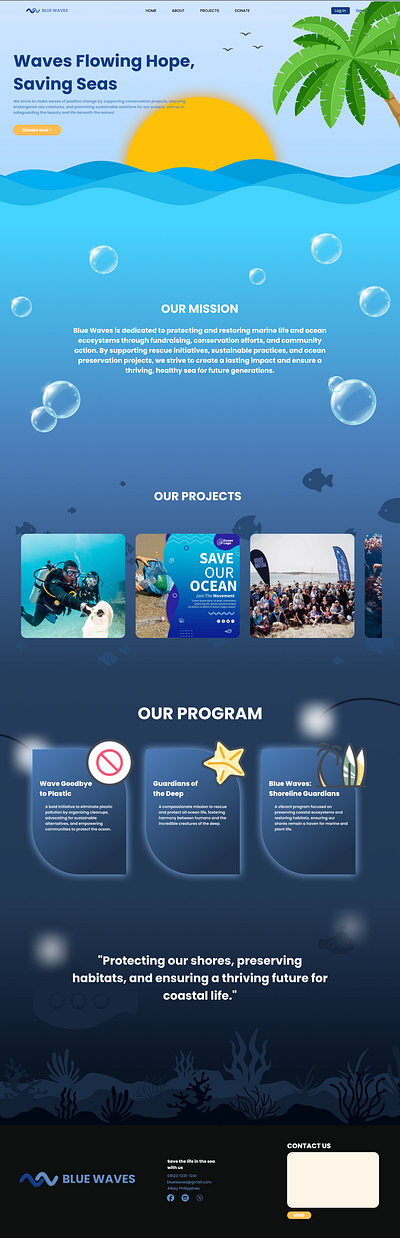 Blue Waves an Organization for Marine Life Care Landing Page blue branding fundraising landing page ocean ui ux