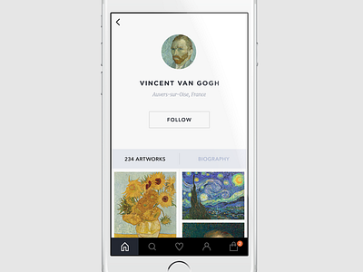 Artshop Profile art ios minimalist profile tabbar timeline ui uidesigner ux