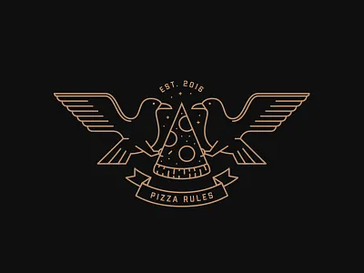 Pizza Rules bird black branding design feathers flatdesign gold icon line logo