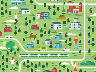 Suburbs buildings golf green houses people roads train trees windmill