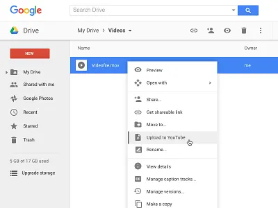 Upload video from Drive to YouTube cloud context context menu drive dropdown google google drive interface storage ui upload youtube