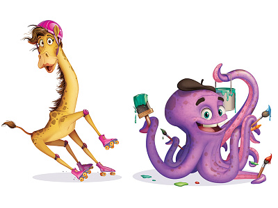 MHE Character Designs animals artist character giraffe illustration octopus painting skating