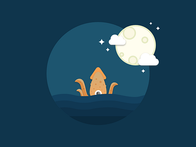 Kraken flat illustrations kraken moon night ocean sky water waves