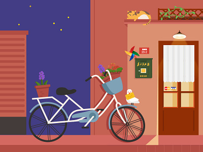 grocery store bike cat door flat grocery illustration night store