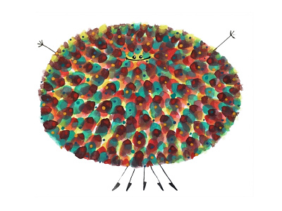 Poofy Aziz critter cute green monster poofy red watercolor yellow