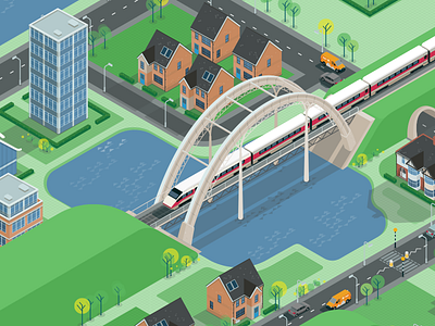 Roles in Construction bridge building car city construction house illustration isometric lake road train trees