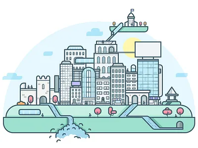 City In The Sky building castle character city editorial illustration people print river sky trees waterfall