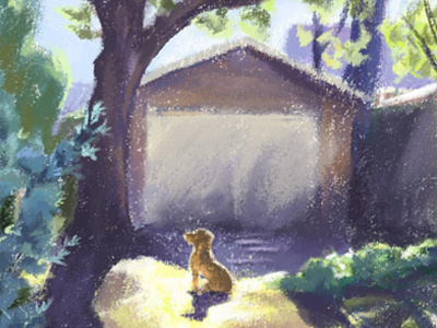 Buddy in the backyard digital painting dogs illustration pastel