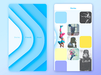 dance network application blue cards concept dance feed grid menu side menu swipe ui waves