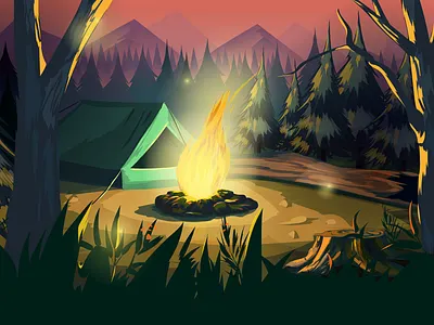 Camping in the night background buy camp campfire cartoon colorful flat game illustration polygraphy print