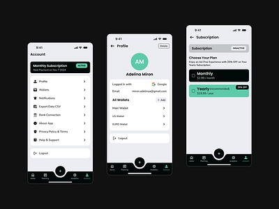 Account Mobile App account screen financial app mobile design money management profile screen settings screen subscriptions