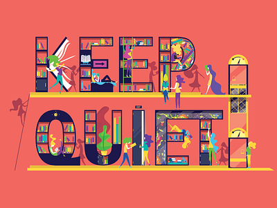 Keep Quiet - Full big books colorful dancer elevator library quiet reading red silhouettes women