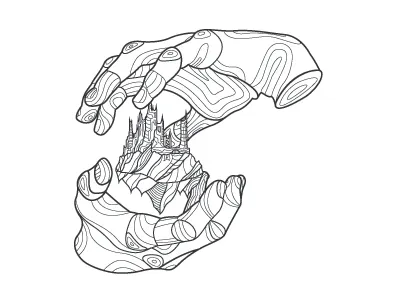 Fantasy castle hands illustration line vector