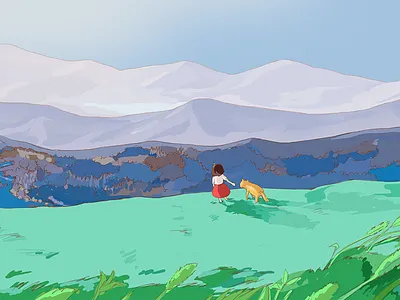 Little Girl and her dog dog girl illustration landscape