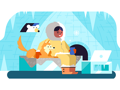 Eskimo with his friends. animals blue eskimo igloo illustration simple