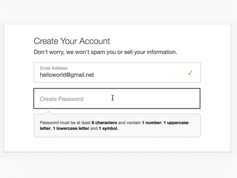 Simple interaction for password requirements cards create account create password form fields microinteraction password password requirements