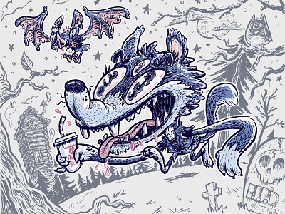 Wolf And Bat (partially) colored bat cartoon cartoon illustration character design goth illustration ink drawing poster print prints punk werewolf wolf