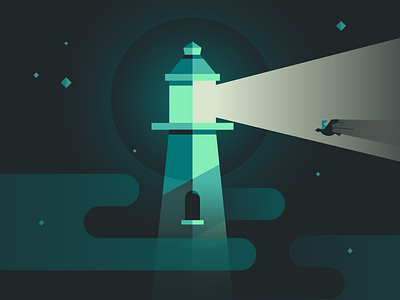 Lighthouse Challenge bird clouds color design flat illustration light lighthouse stars