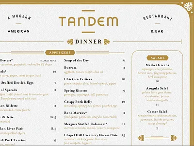 Tandem dinner gold menu restaurant typography