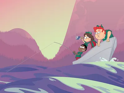 Happy Campers Fishing cabin camp campers cartoon fire happy kids lake mountain pine trees