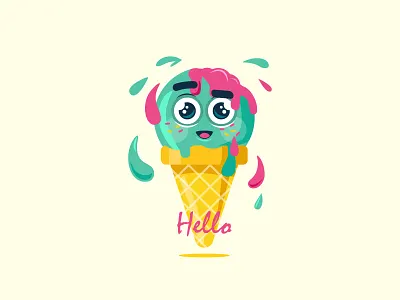Ice cream happy face hello ice cream illustration mint pink summer wafer yellow