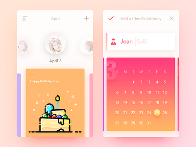 Birthday Card app birthday calendar card color daily ui friend illustration month ui ux