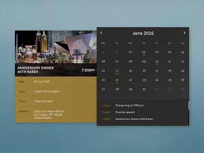 Calendar UI black calendar card dark gold slide out ui user interface