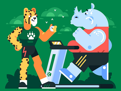 Cheetah's Gym animal character cheetah flat game gym illustration rhino sport treadmill vector workout