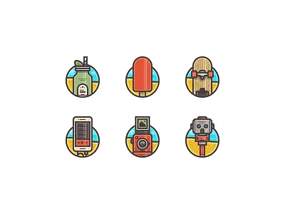 Summer Icons binoculars electric skateboard ice cream icons illustrations mojito music player phone photo polaroid skateboard summer
