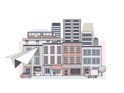 City buildings cars city illustration paper plane train