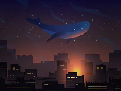 Whale city dark dream illustration night stars sun sunset whale