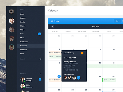 Calendar + Requests for Layouts calendar dashboard event graph menu overview post profile schedule ui ui kit web