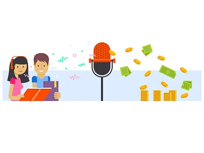 Иллюстрация для проекта ЛитРес: Чтец audiobook book bookmark boy flat girl headphones man microphone money soundwave woman