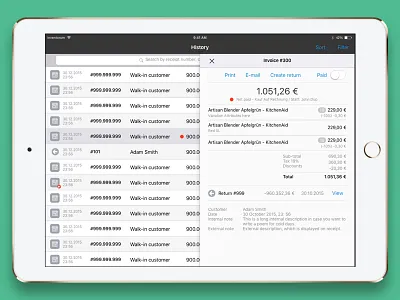History list and details invoices master detail returns table