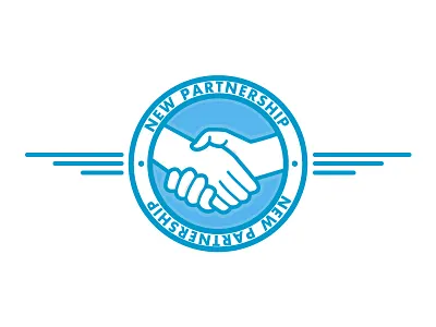 New Partnership blue emblem hands shake vector wings
