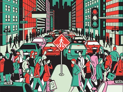 urban mobility buildings cars city crosswalk light people sign taxi