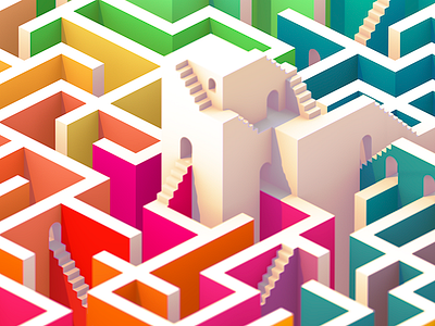 Labyrinth 3d isometric labyrinth maze multicolored stairs towers walls