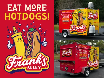 Frank's Alley® Trailer & Mascots brand branding food branding food trailer franks franks alley graphic design hand lettered heyo! hotdogs illustration lettering logo mascot mustard resturant branding