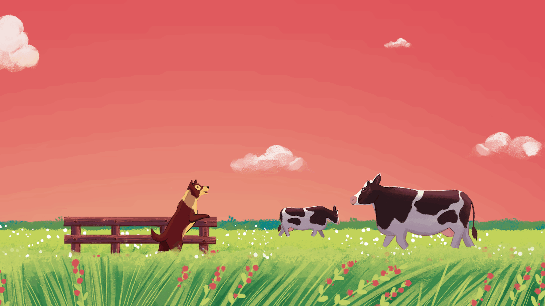 Cute girl with a cow in 2d animation 2d 2d animation advertisement animals animation creative creator frame by frame animation girl grass illustration motion nature running sweet the clouds village