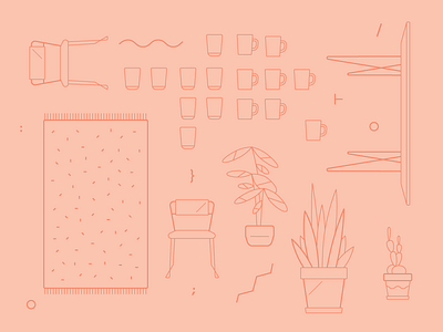 Ingredients for Study Hall chair cup illustration mug objects plants rug study tables workspace