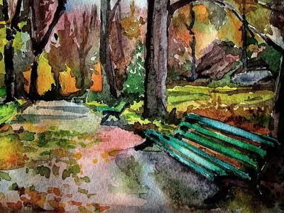 Wet autumn alley. alley autumn bench drawing fall illustration landscape parkway rainy road watercolor wet