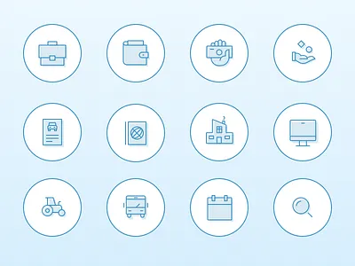 Icons bag bus business calendar computer document hand house money passport transport wallet