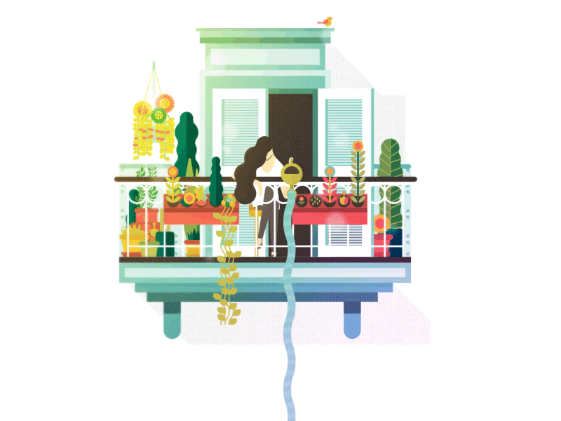 Balcony animation architecture flowers gif illustrator plants salinero summer water watering woman