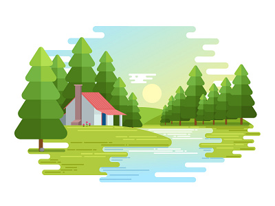 House at Hill Landscape illustration landscape nature