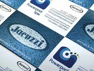 Powerpools Business Cards blue brand identity branding business cards design hot tub icon jacuzzi logo logo design stationery design water drops