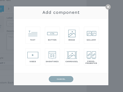 Add Component Modal carrousel cms gallery icons showtimes