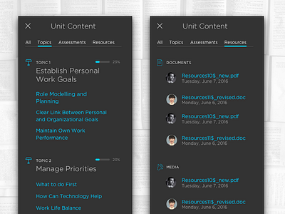 LMS – Unit Content gotham learning lms management menu progress indicator responsive tabs ui ux web