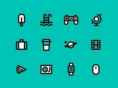 Freestyle icons set apple cinema coffee gamepad icecream icons mouse outline pizza pool stroke watch
