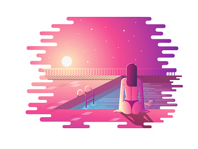 Night at Swimming Pool girl illustration night nude rounded pixel